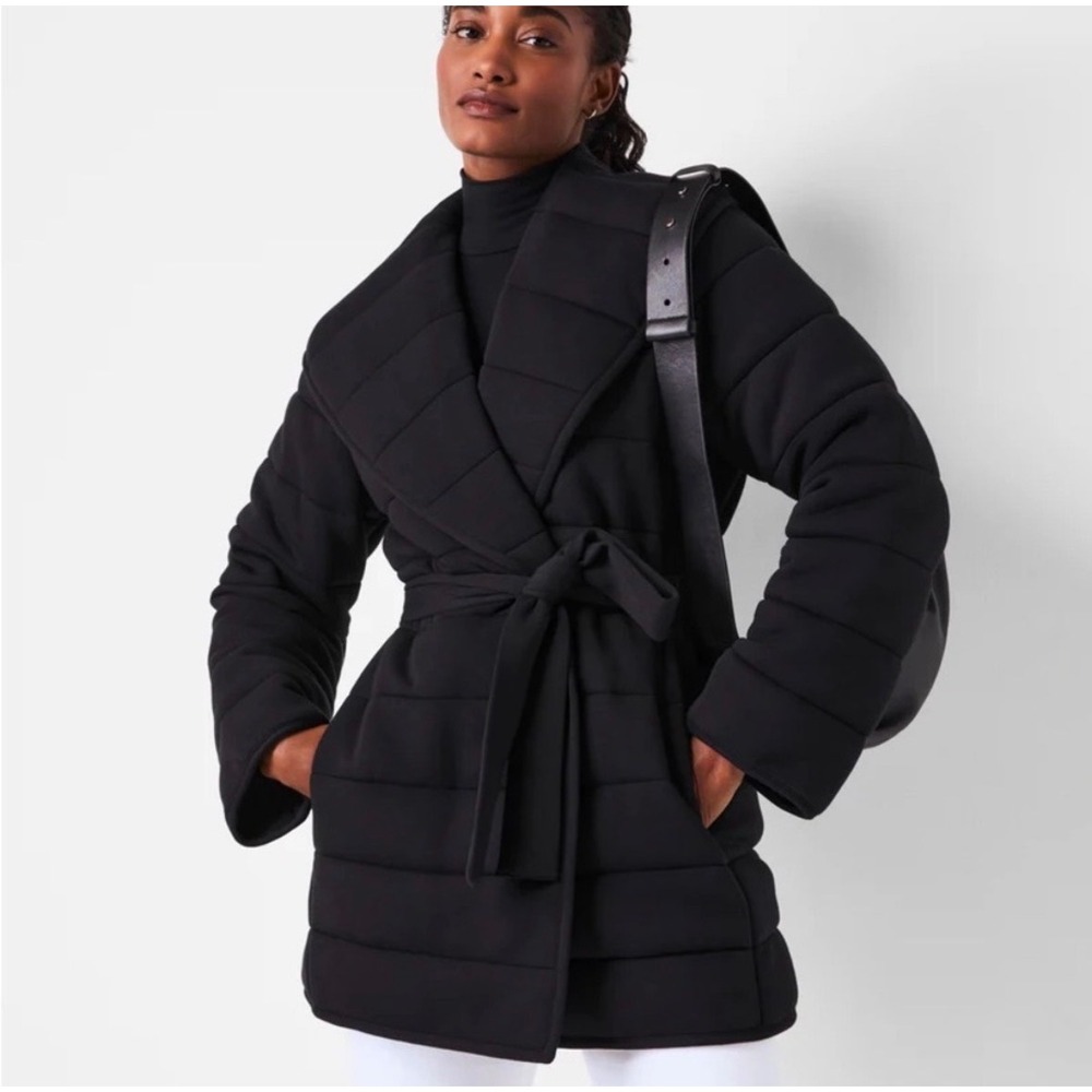 SPANX AirEssentials Puffy Coat Womens XL Black PrimaLoft Belted Shawl Collar